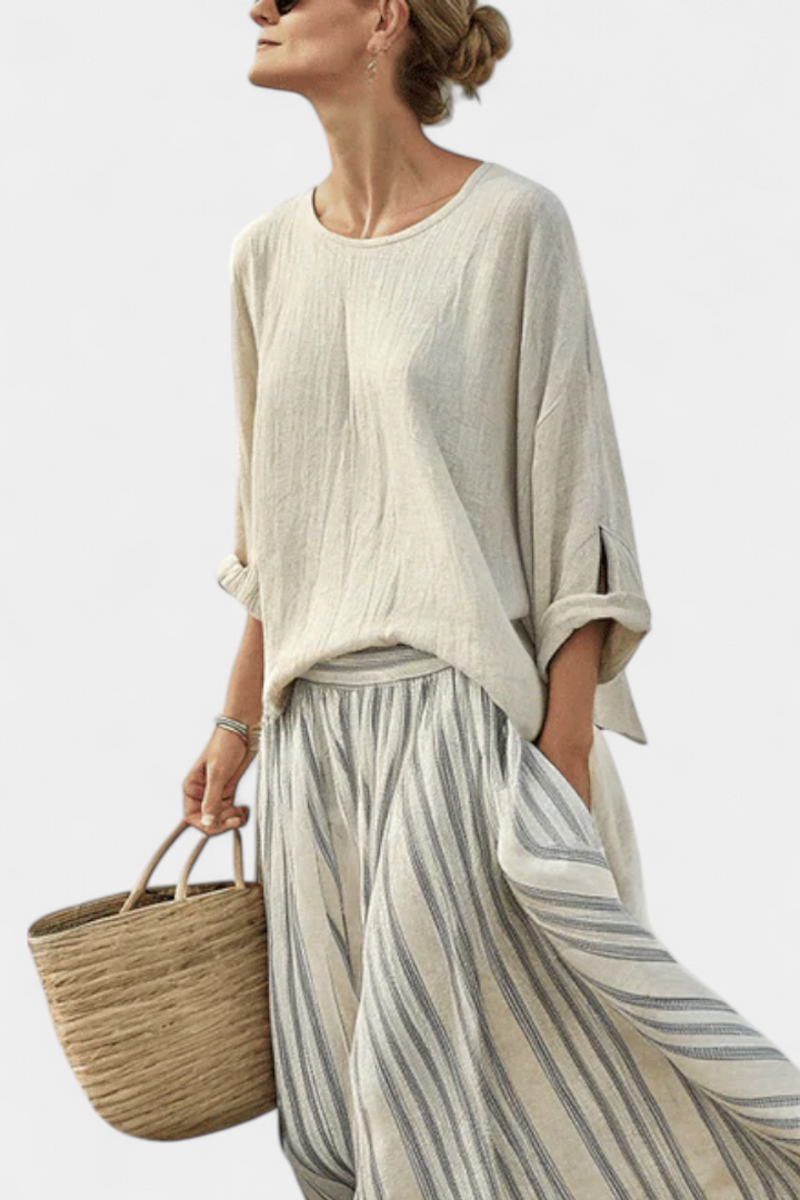 Casual Daisy szett Oversize Pólóval és Midi Szoknyával Leni Bambusz Szalagokkal Elegáns és Kényelmes Stílushoz