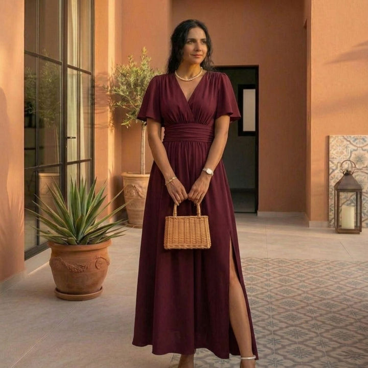 Eterna | Rochie Lungă Elegantă Neagră cu Decolteu în V, Mâneci Transparente și Fanta